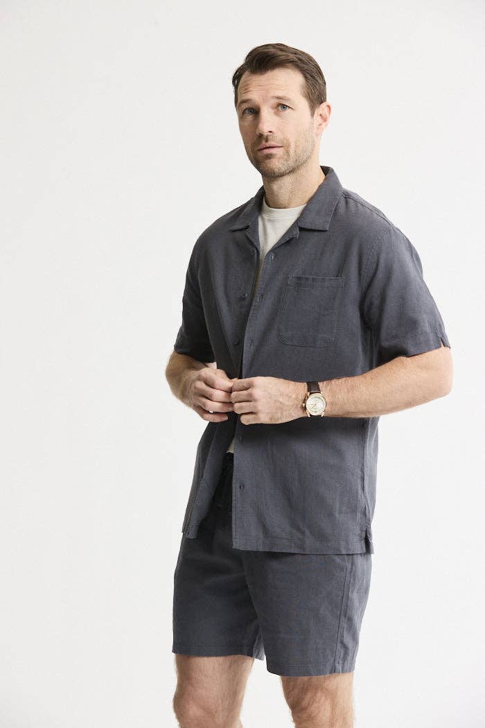 Linen Blend Short Sleeve Camp Shirt: STONE / 2XL