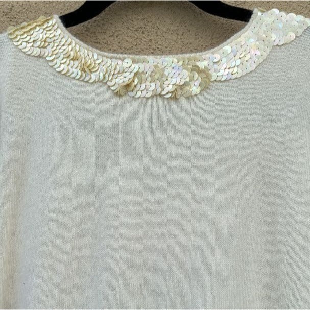 Angora Vintage Ivory Sequin V Neck Pleat Balloon Sleeve Knit Old Money Sweater S