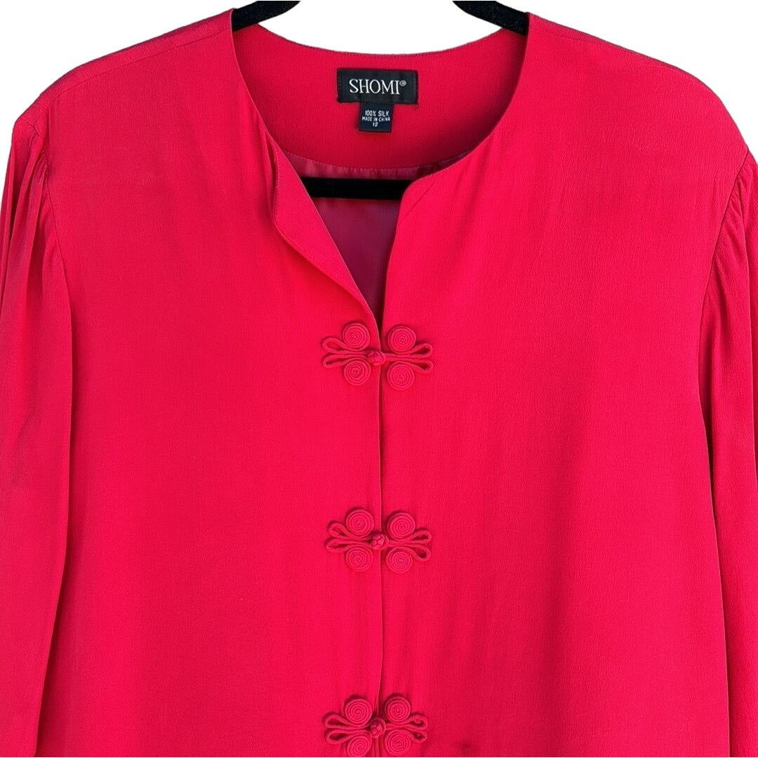 Shomi Vintage Women's Red Silk Frog Button Closure Long Sleeve Chinese Tang Blouse