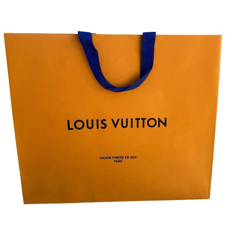 Louis Vuitton Orange Paper Shopping Bag Blue Woven Handles Authentic Large