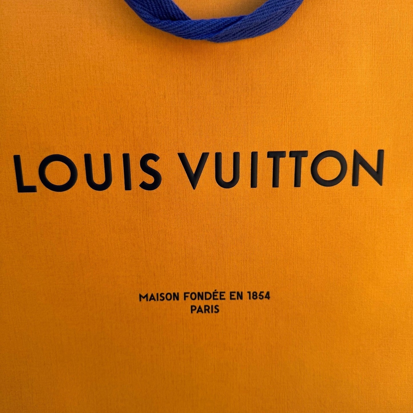 Louis Vuitton Orange Paper Shopping Bag Blue Woven Handles Authentic Large