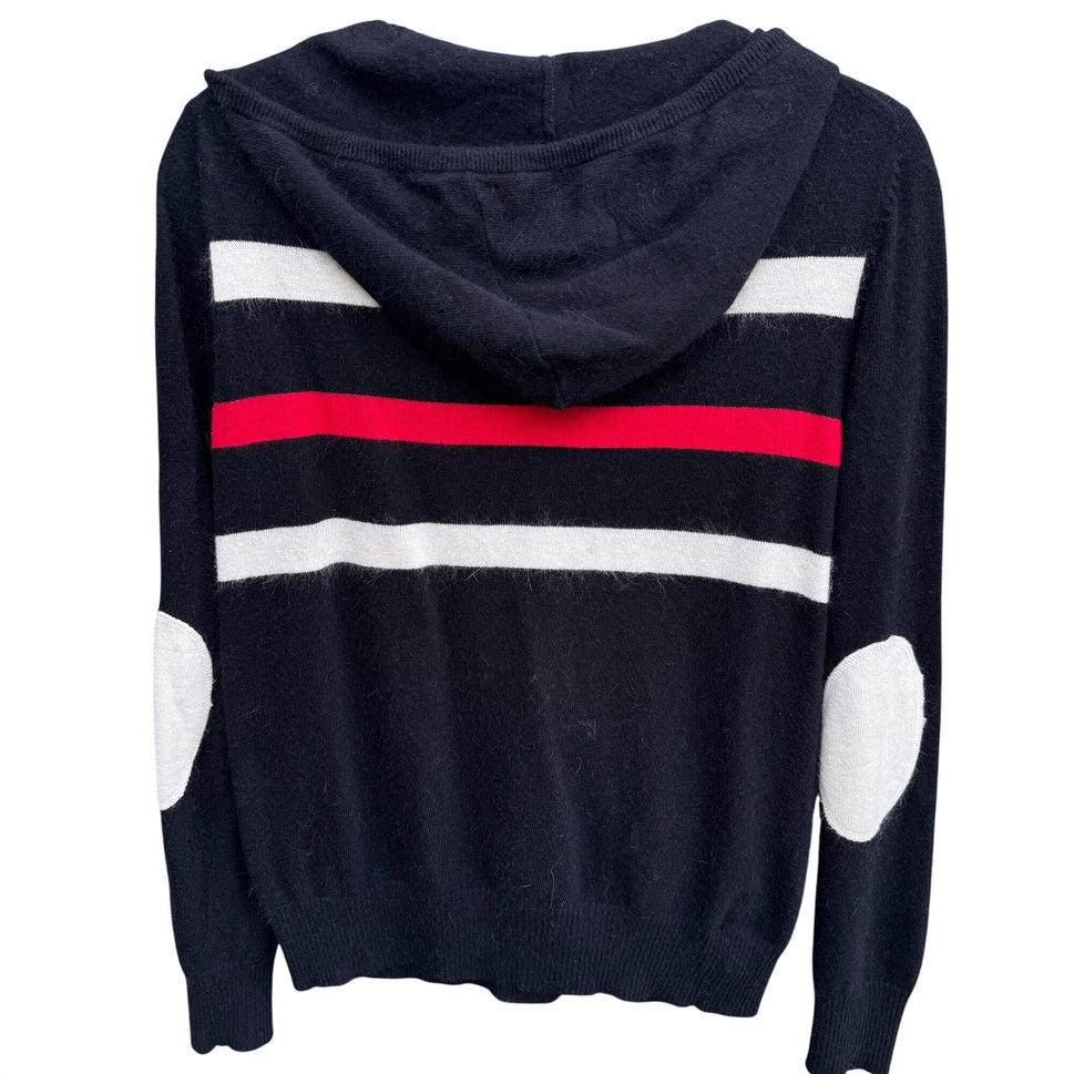 Randolph Duke Womens Black Hooded Striped Knit Cardigan Sweater Elbow Patches S