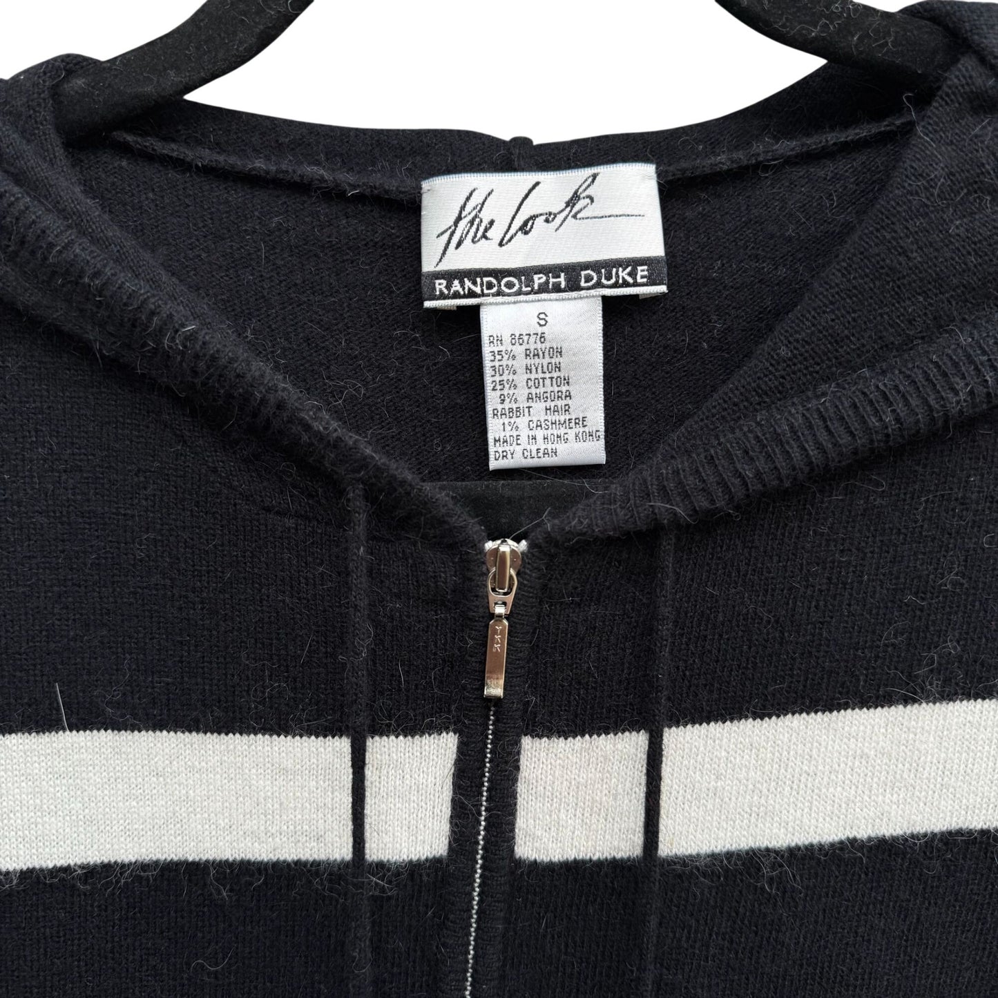 Randolph Duke Womens Black Hooded Striped Knit Cardigan Sweater Elbow Patches S