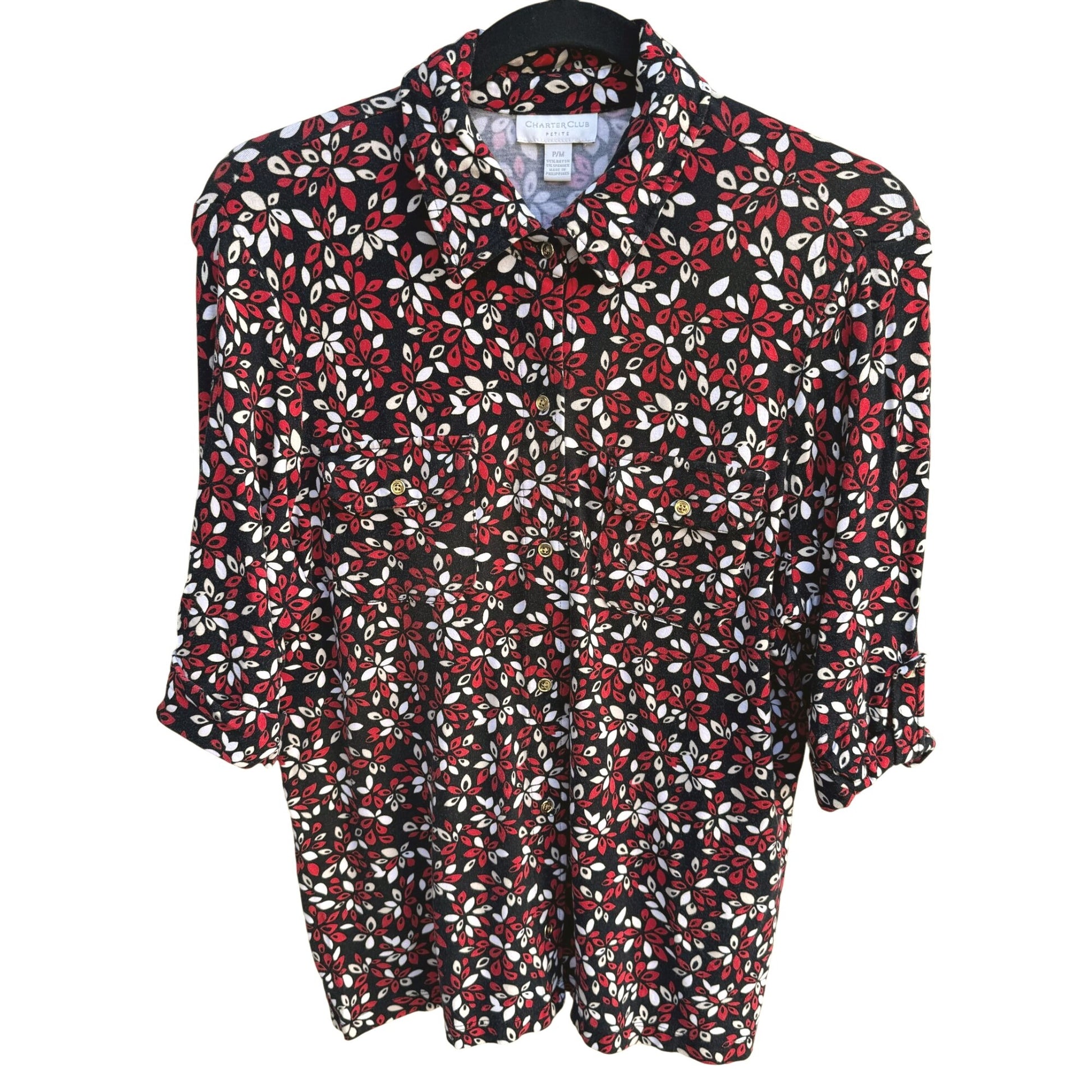 Charter Club Womens Petite 3/4 Roll Tab Sleeve Button-Up Floral Red Black Shirt