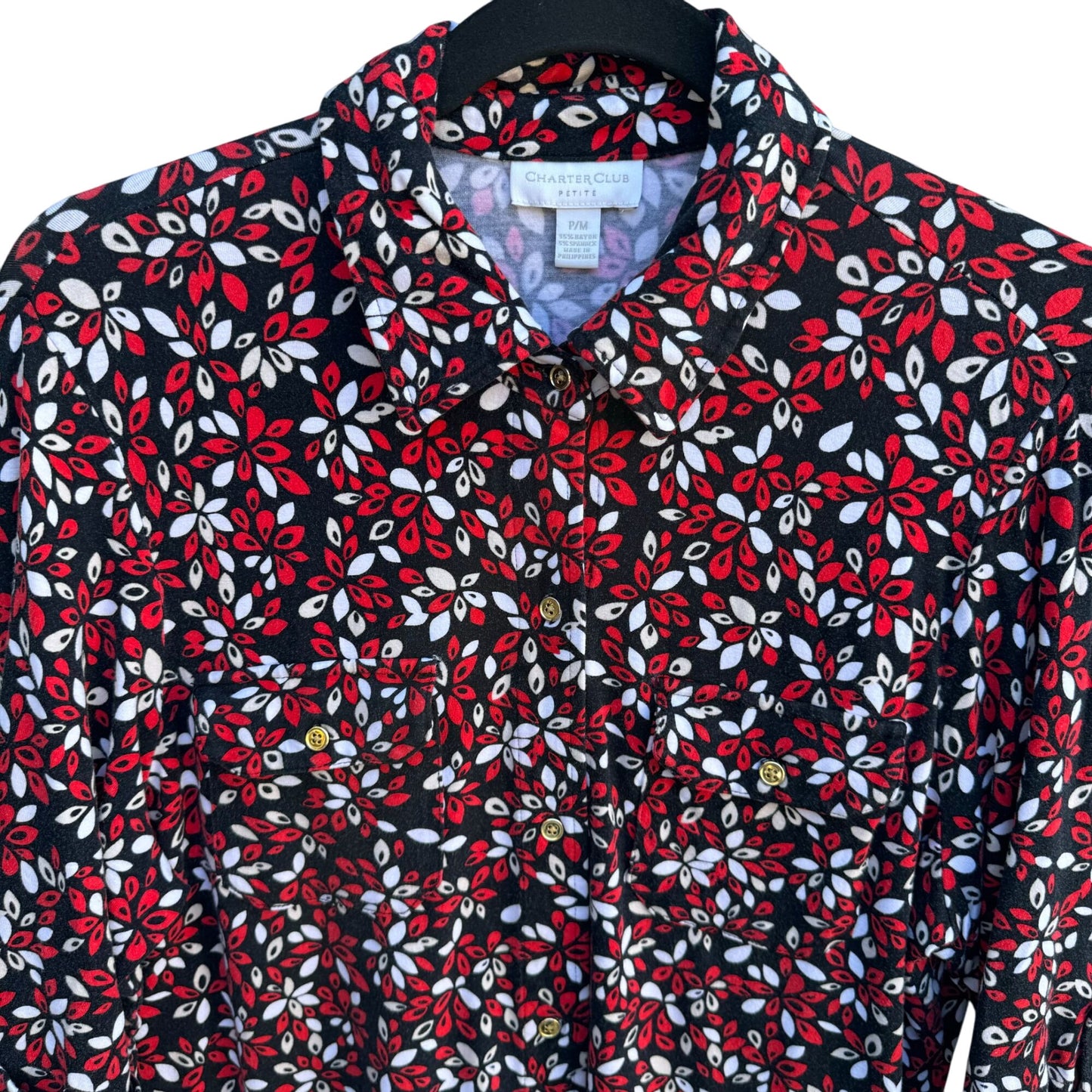 Charter Club Womens Petite 3/4 Roll Tab Sleeve Button-Up Floral Red Black Shirt