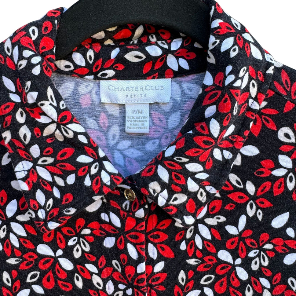 Charter Club Womens Petite 3/4 Roll Tab Sleeve Button-Up Floral Red Black Shirt