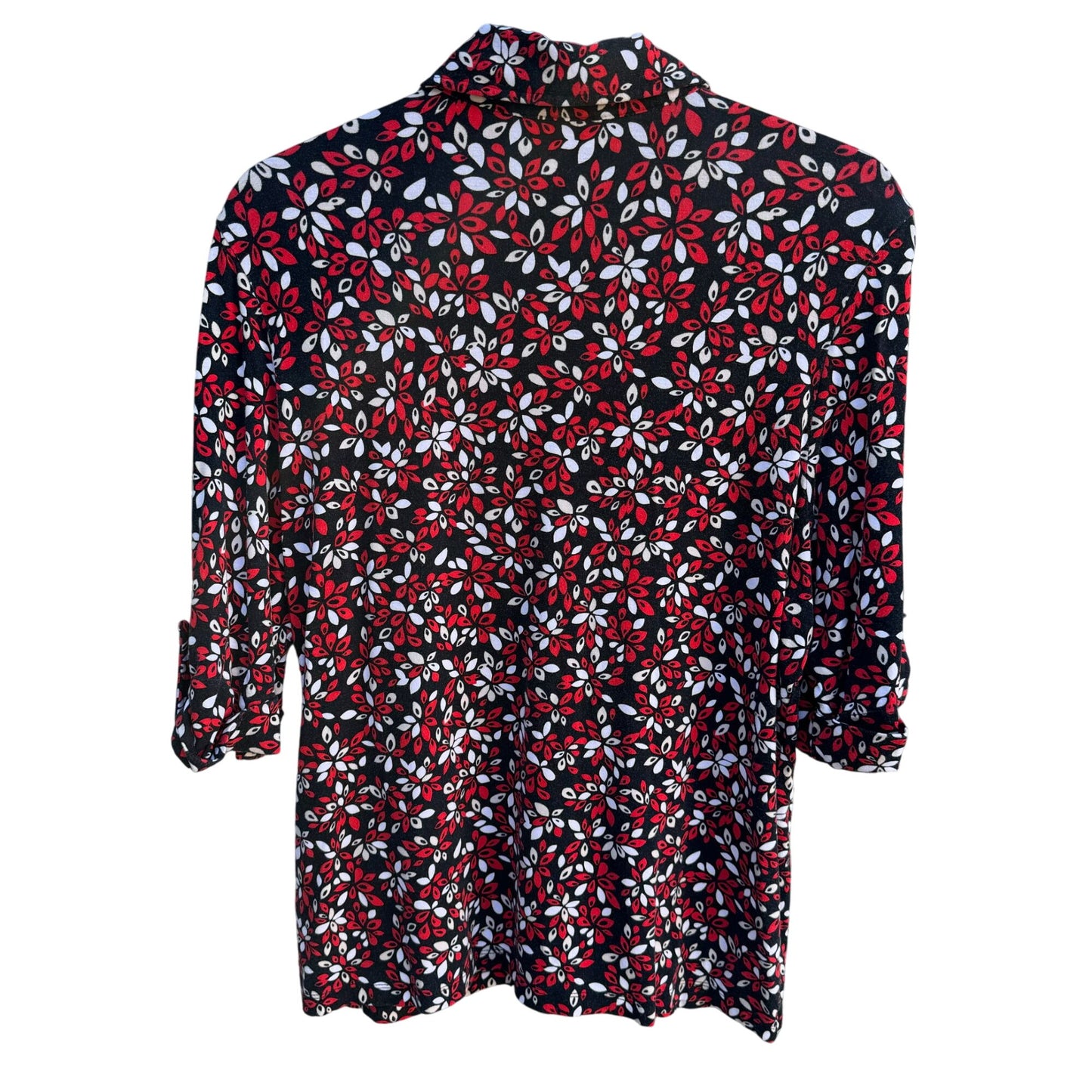 Charter Club Womens Petite 3/4 Roll Tab Sleeve Button-Up Floral Red Black Shirt