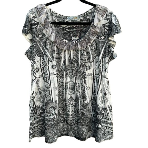 Unity World Wear Scoop Neck Batik Screen Print Cap Sleeve Women's Shirt Blouse