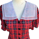 Switch Vintage Women&#39;s 70s Red Plaid Semi Sheer White Sailor Collar Puff Sleeve Dress 3 image