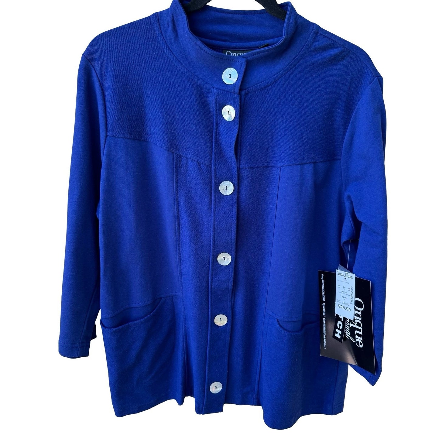 Onque Casual Coastal Nautical Beachy French Terry Pearl Button Jacket Blue L NWT