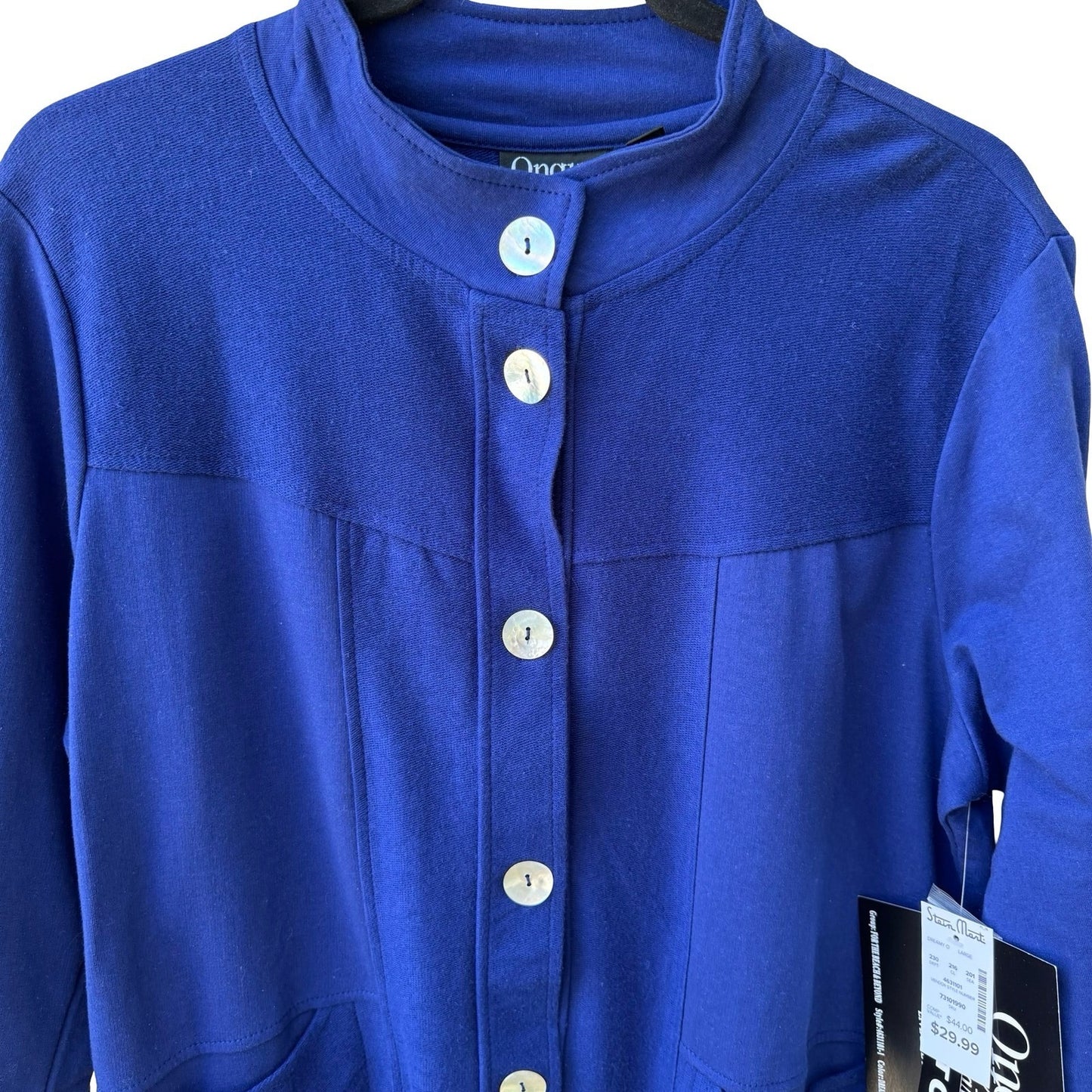 Onque Casual Coastal Nautical Beachy French Terry Pearl Button Jacket Blue L NWT