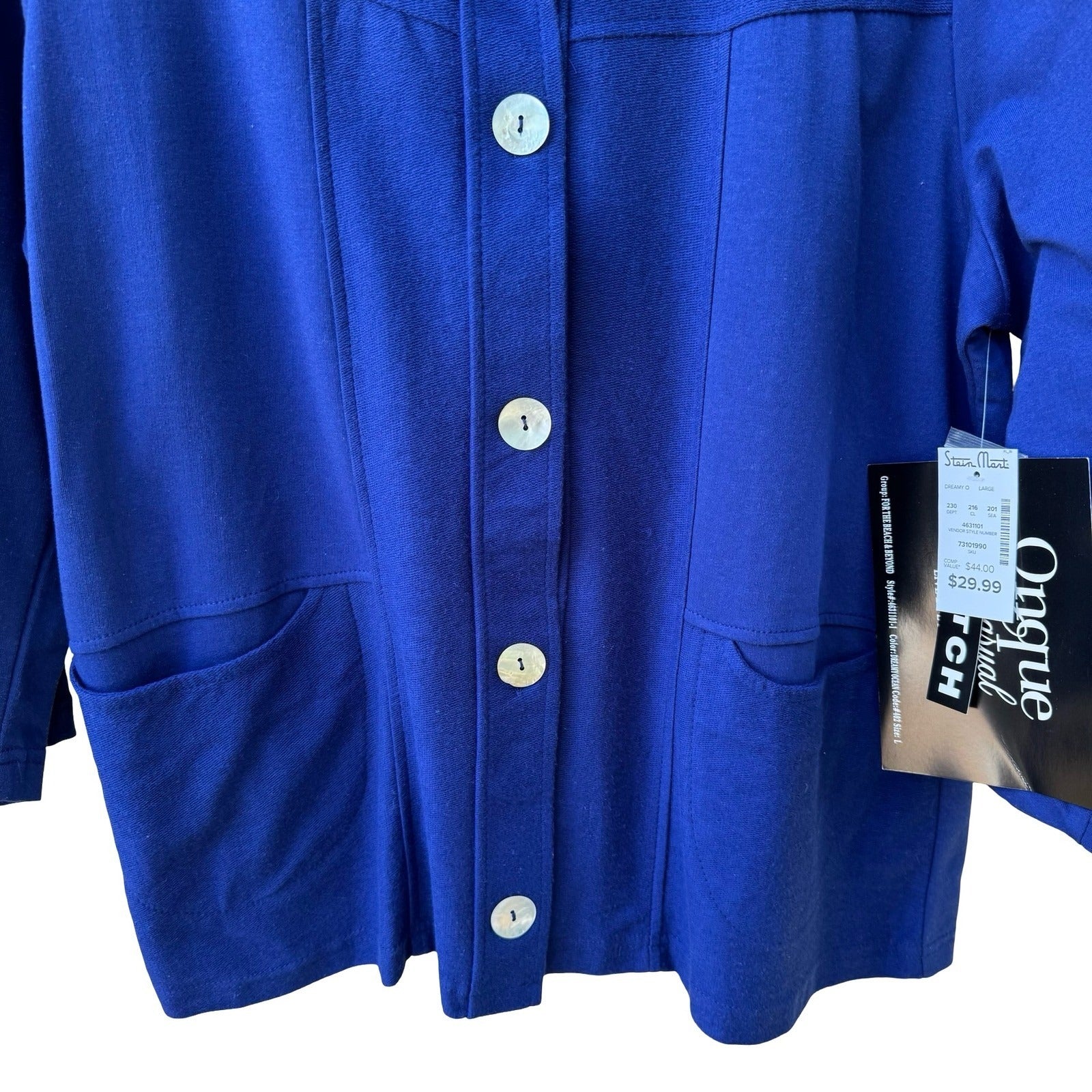 Onque Casual Coastal Nautical Beachy French Terry Pearl Button Jacket Blue L NWT