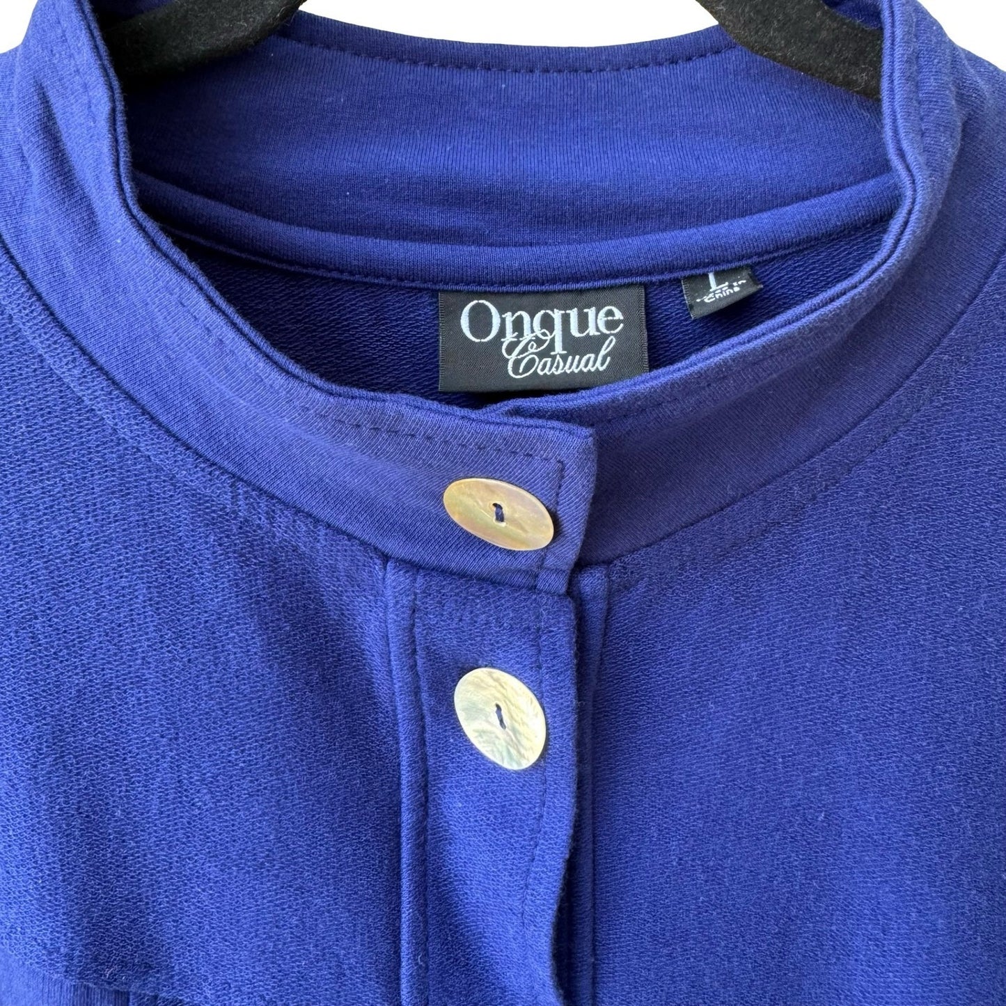 Onque Casual Coastal Nautical Beachy French Terry Pearl Button Jacket Blue L NWT
