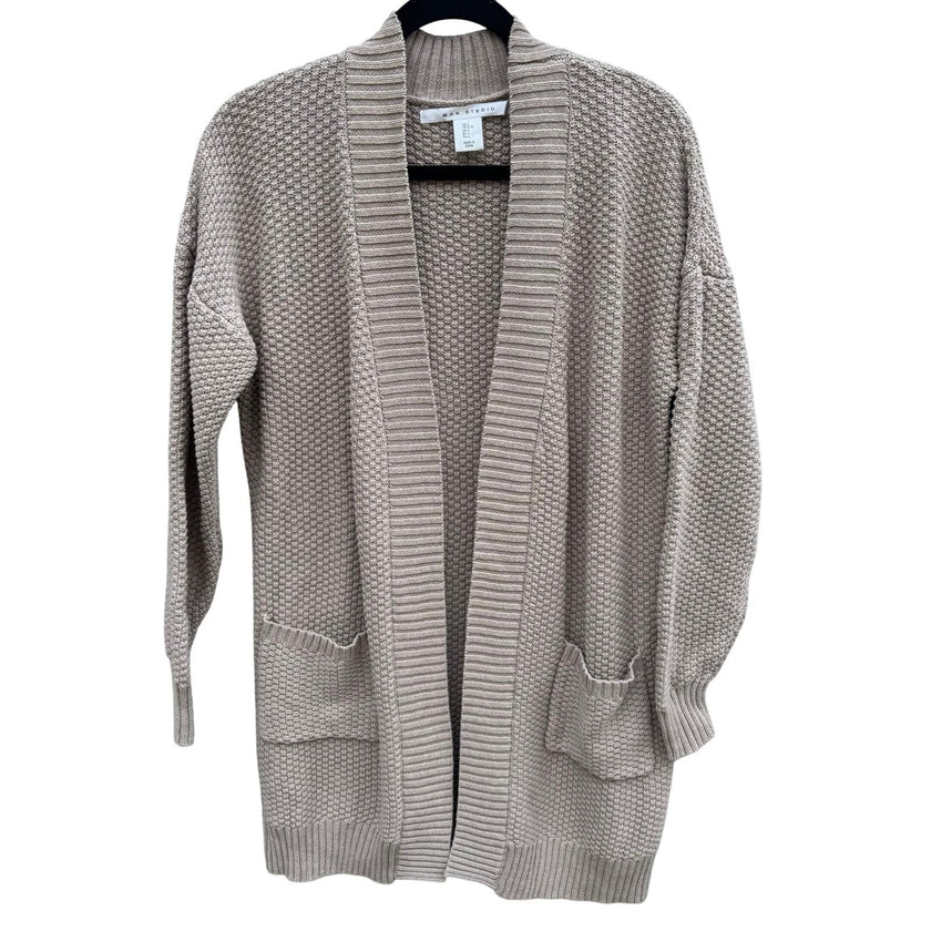 Max Studio Womens Tan Beige Textured Popcorn Knit Open Front Longline Cardigan L
