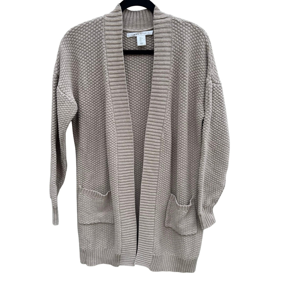 Max Studio Womens Tan Beige Textured Popcorn Knit Open Front Longline Cardigan L