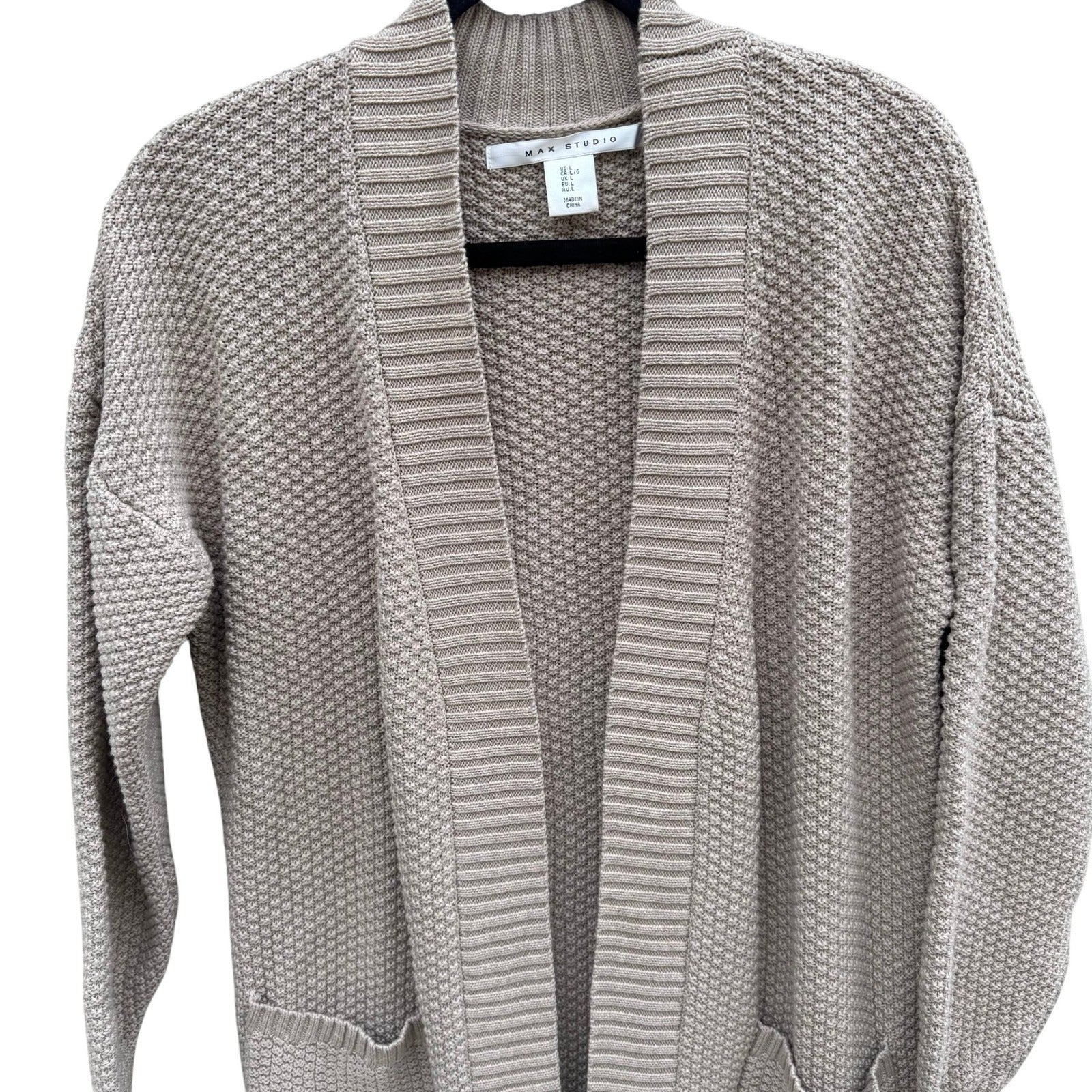 Max Studio Womens Tan Beige Textured Popcorn Knit Open Front Longline Cardigan L