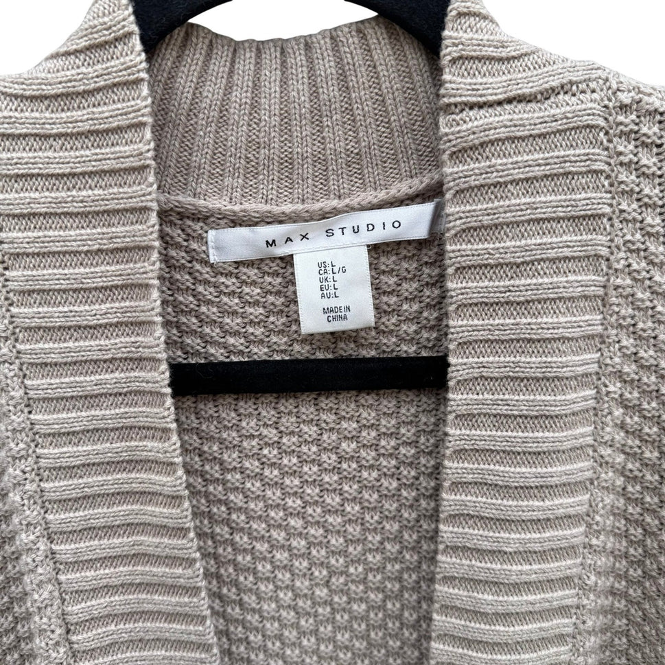 Max Studio Womens Tan Beige Textured Popcorn Knit Open Front Longline Cardigan L
