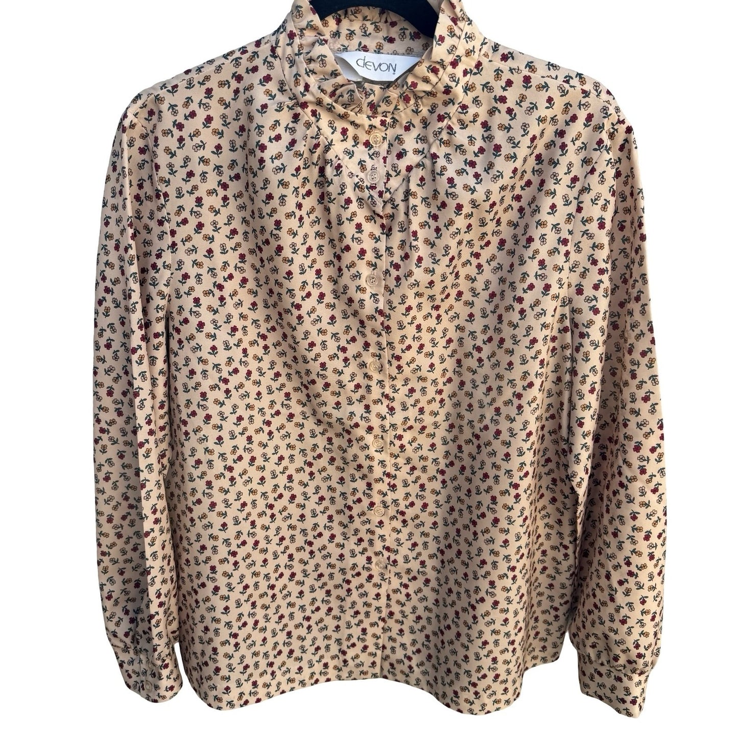 Devon Vintage 70s 80s Retro Floral Ruffle High Neck Button Down Blouse Cream Red