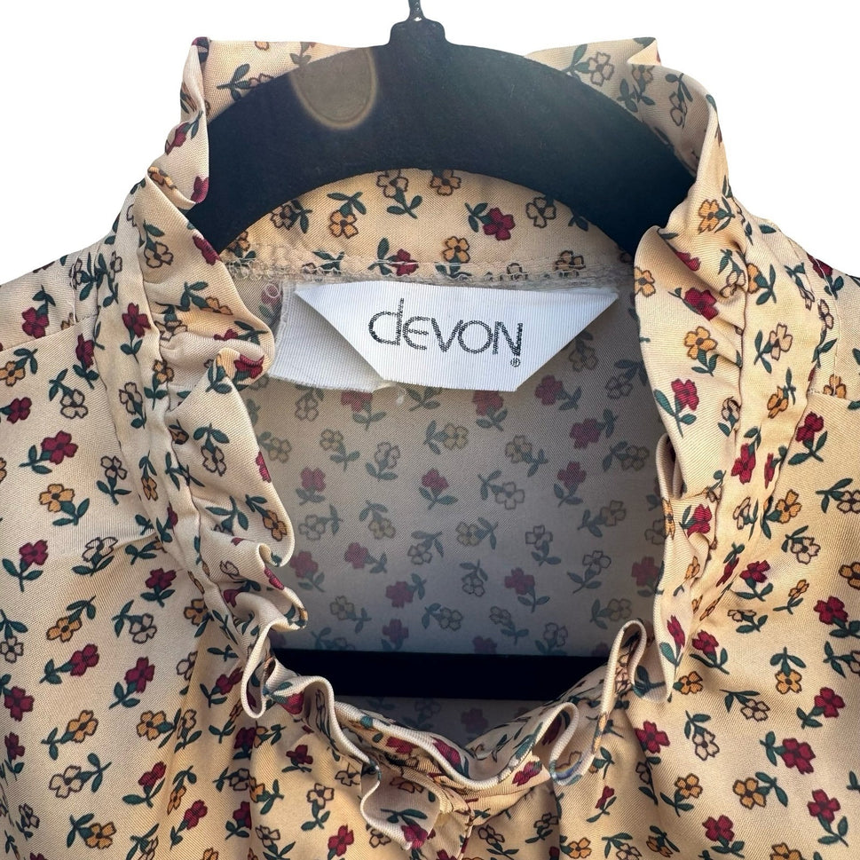 Devon Vintage 70s 80s Retro Floral Ruffle High Neck Button Down Blouse Cream Red