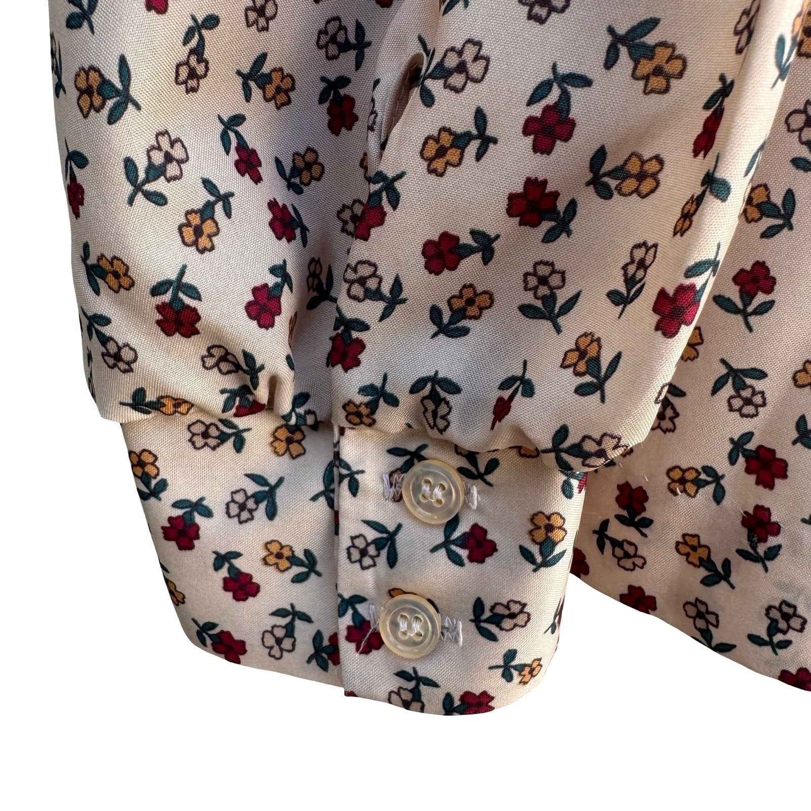 Devon Vintage 70s 80s Retro Floral Ruffle High Neck Button Down Blouse Cream Red
