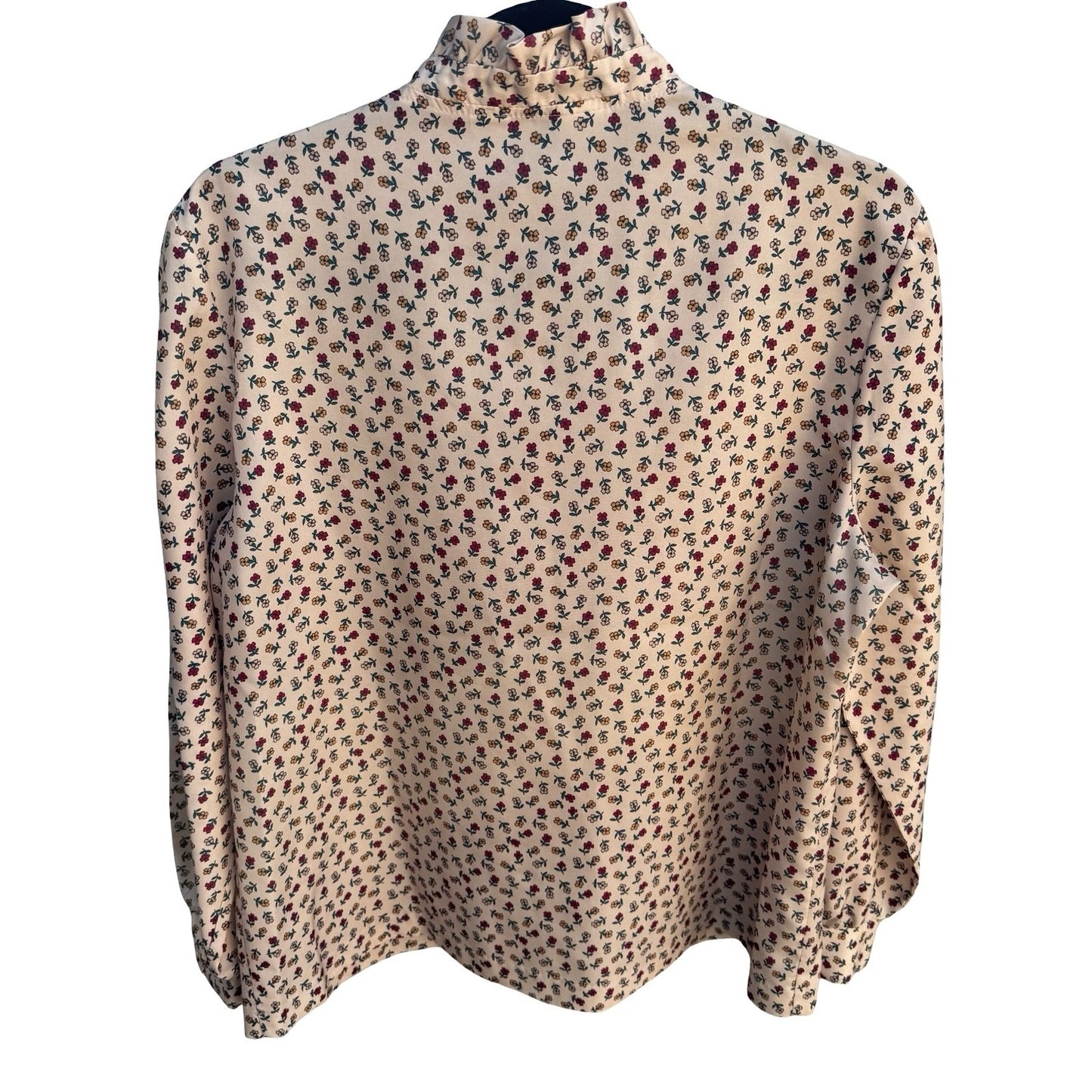Devon Vintage 70s 80s Retro Floral Ruffle High Neck Button Down Blouse Cream Red