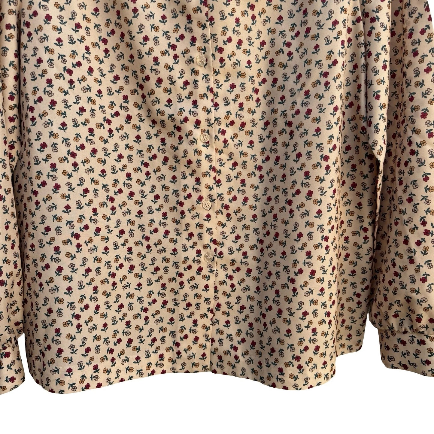 Devon Vintage 70s 80s Retro Floral Ruffle High Neck Button Down Blouse Cream Red