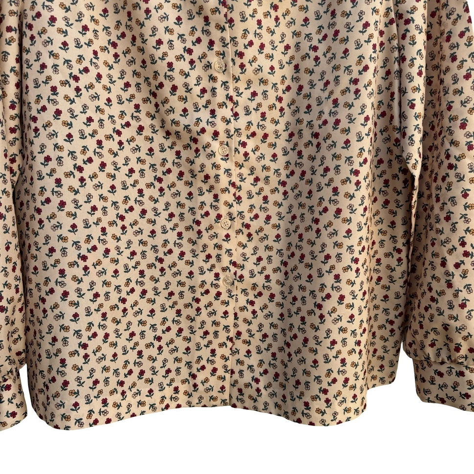 Devon Vintage 70s 80s Retro Floral Ruffle High Neck Button Down Blouse Cream Red