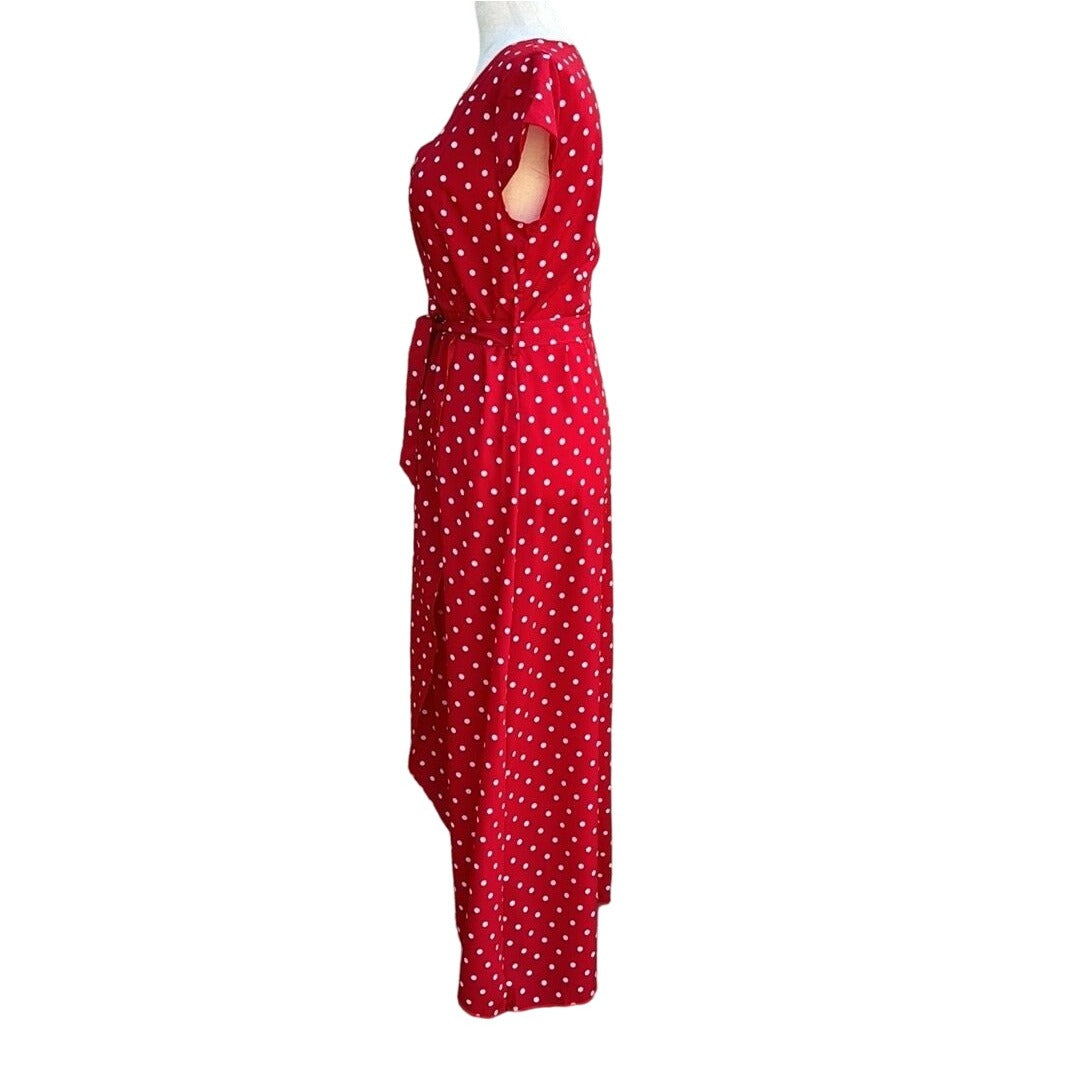 Vintage Inspired Red White Polka Dot V-Neck Cap Sleeves Tie Waist Tulip Dress