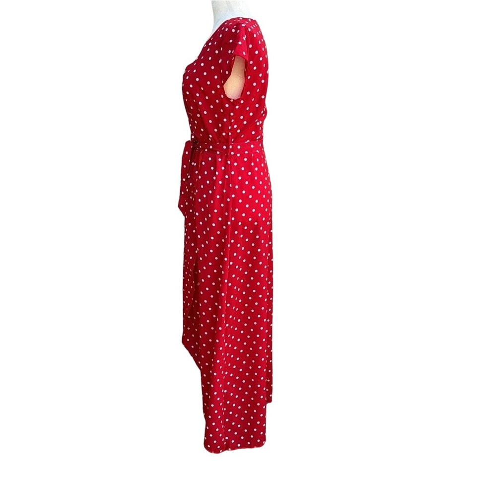 Vintage Inspired Red White Polka Dot V-Neck Cap Sleeves Tie Waist Tulip Dress