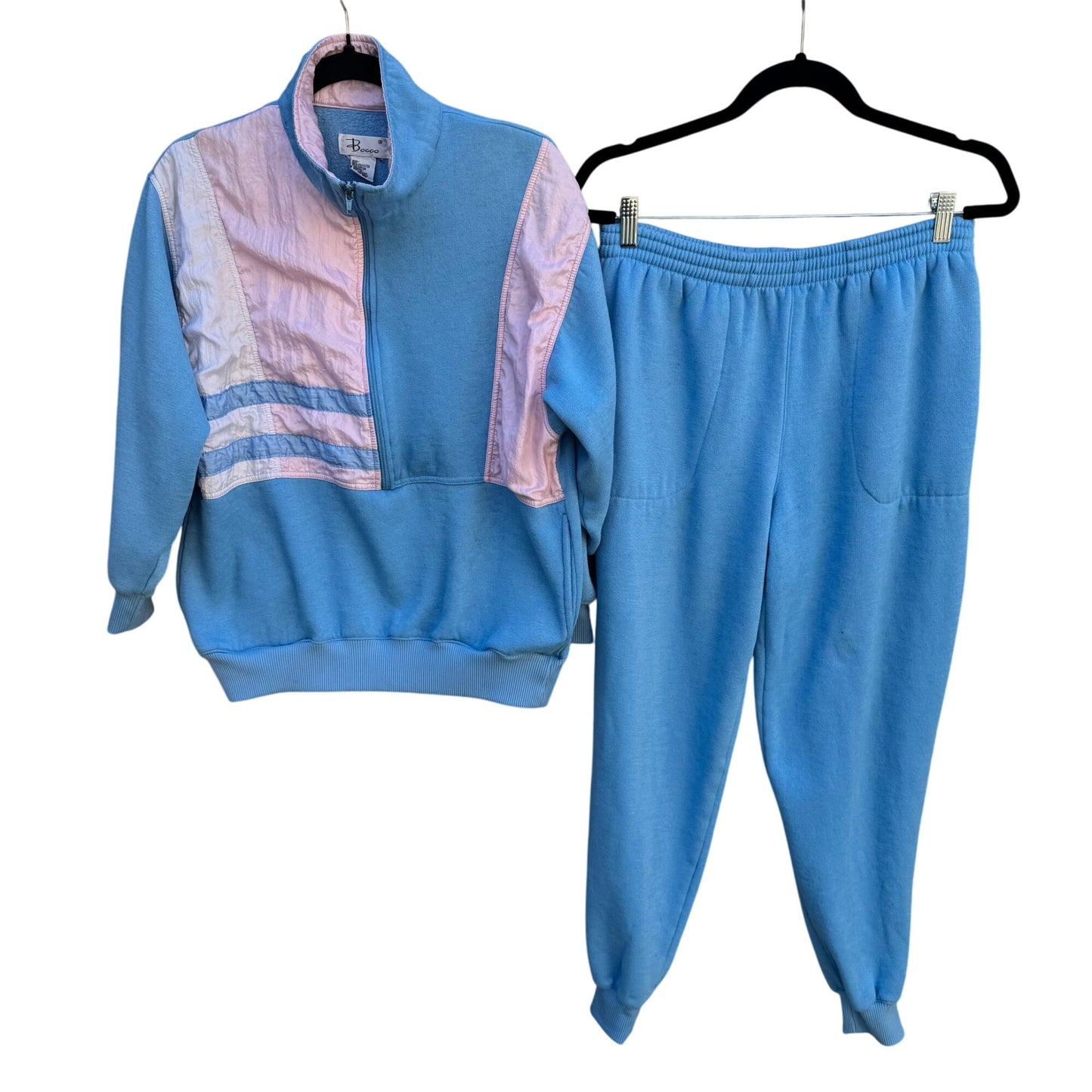 Bocoo Vintage 80s Womens Fleece Nylon Pastel Blue Pink Top Joggers Tracksuit Set