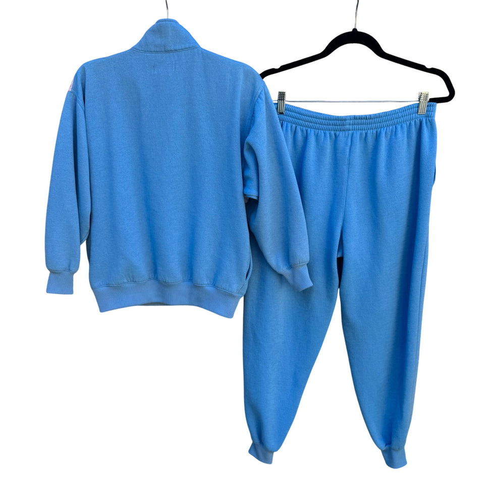 Bocoo Vintage 80s Womens Fleece Nylon Pastel Blue Pink Top Joggers Tracksuit Set