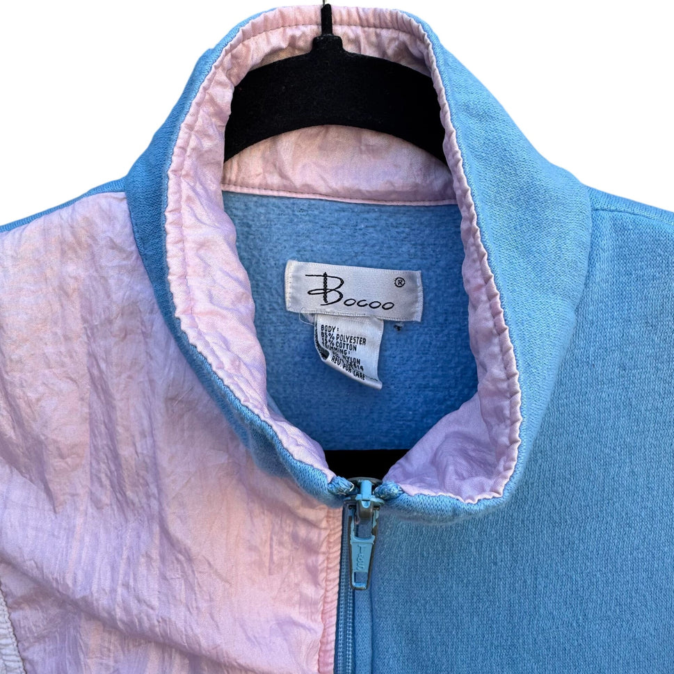 Bocoo Vintage 80s Womens Fleece Nylon Pastel Blue Pink Top Joggers Tracksuit Set