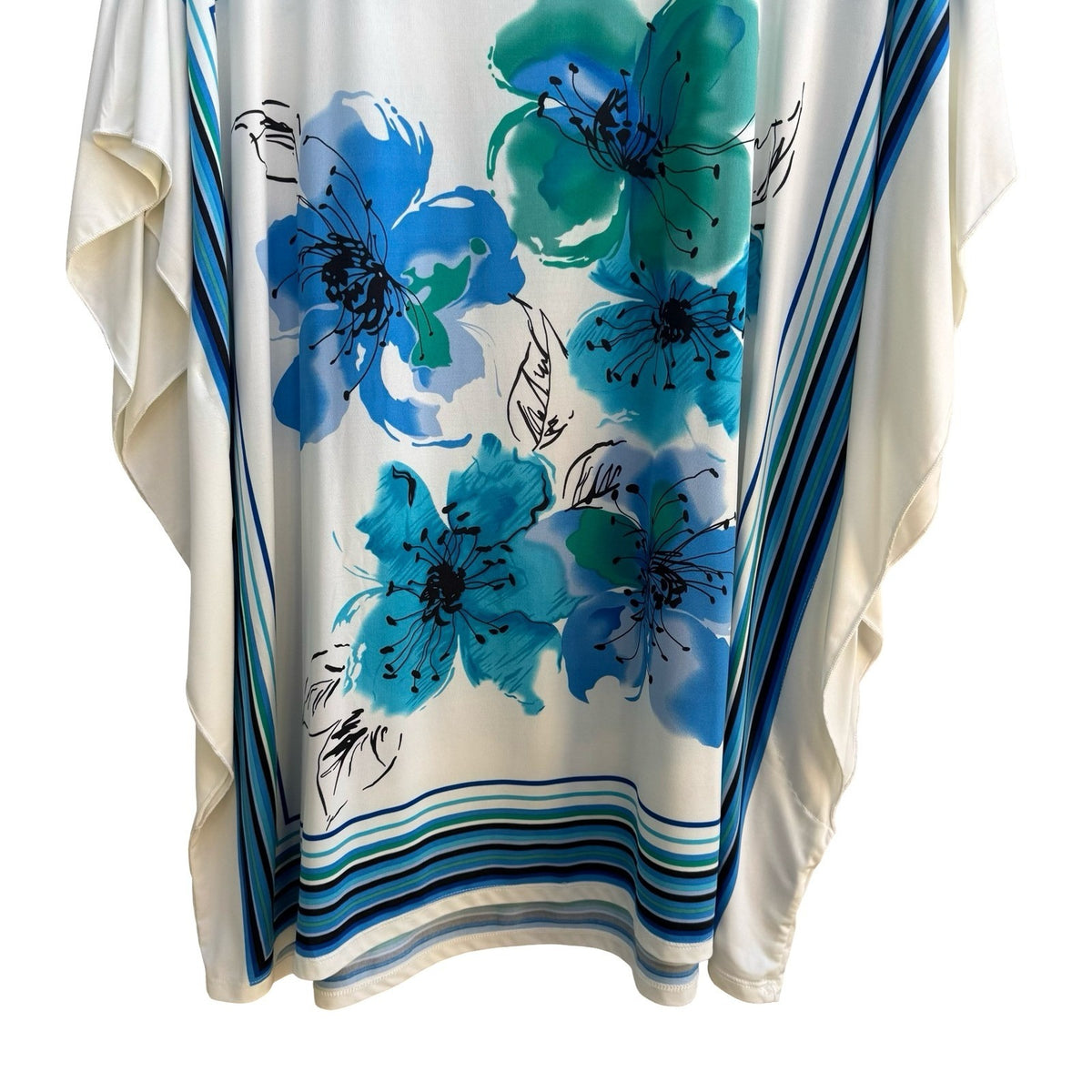 Dex Coastal Art To Wear Flowy Beachy Floral Striped Dolman Sleeve Top Blue 2X
