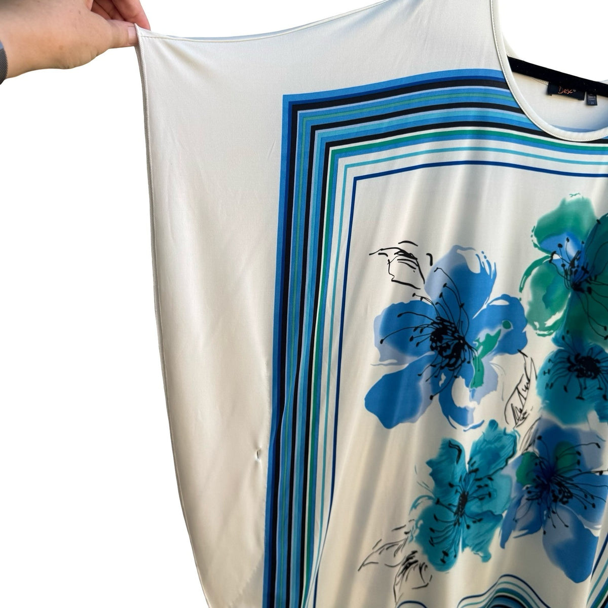 Dex Coastal Art To Wear Flowy Beachy Floral Striped Dolman Sleeve Top Blue 2X