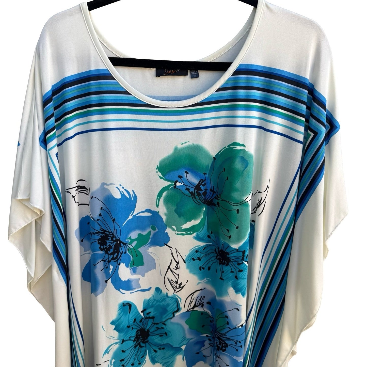Dex Coastal Art To Wear Flowy Beachy Floral Striped Dolman Sleeve Top Blue 2X