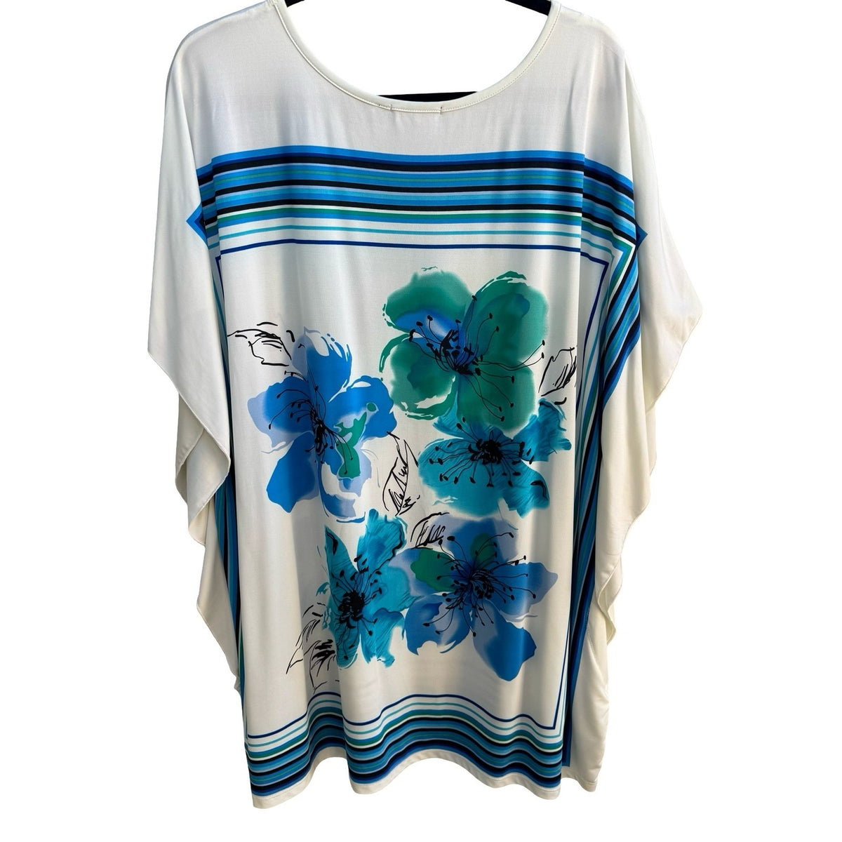 Dex Coastal Art To Wear Flowy Beachy Floral Striped Dolman Sleeve Top Blue 2X