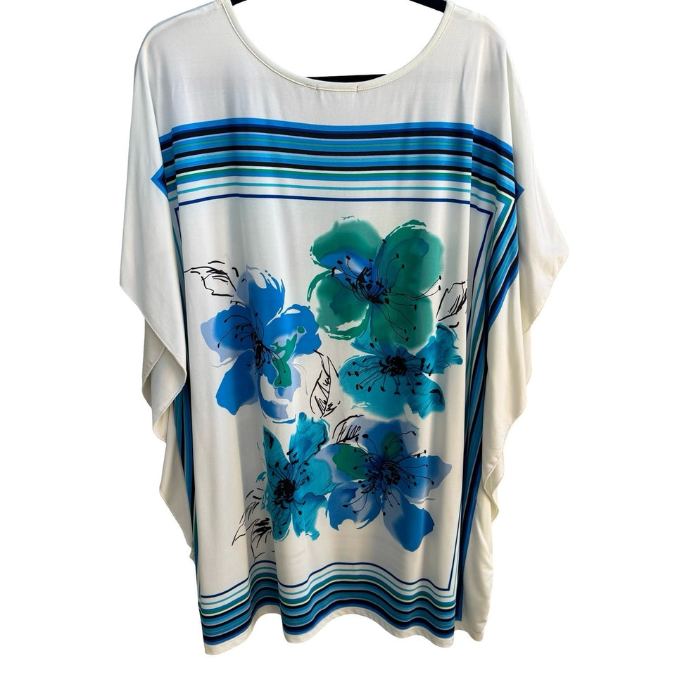 Dex Coastal Art To Wear Flowy Beachy Floral Striped Dolman Sleeve Top Blue 2X