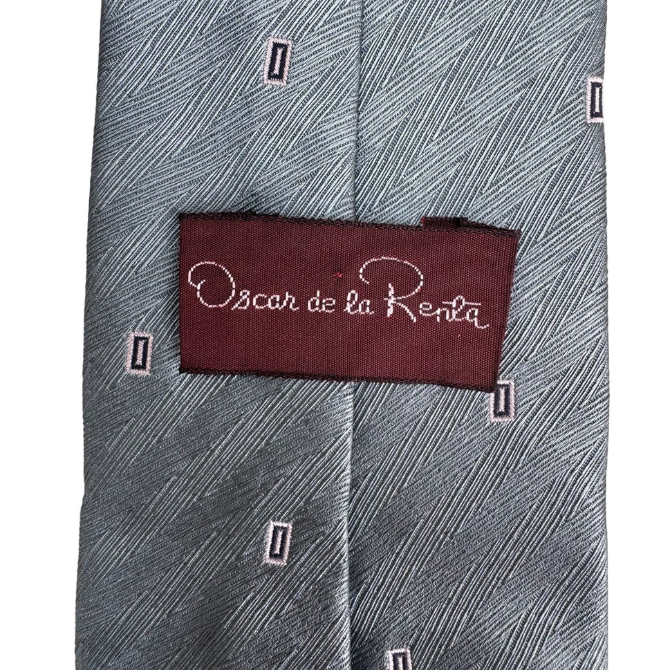 Oscar De La Renta Vintage Mens Silk Tie Blue Geometric Luxury Designer Necktie