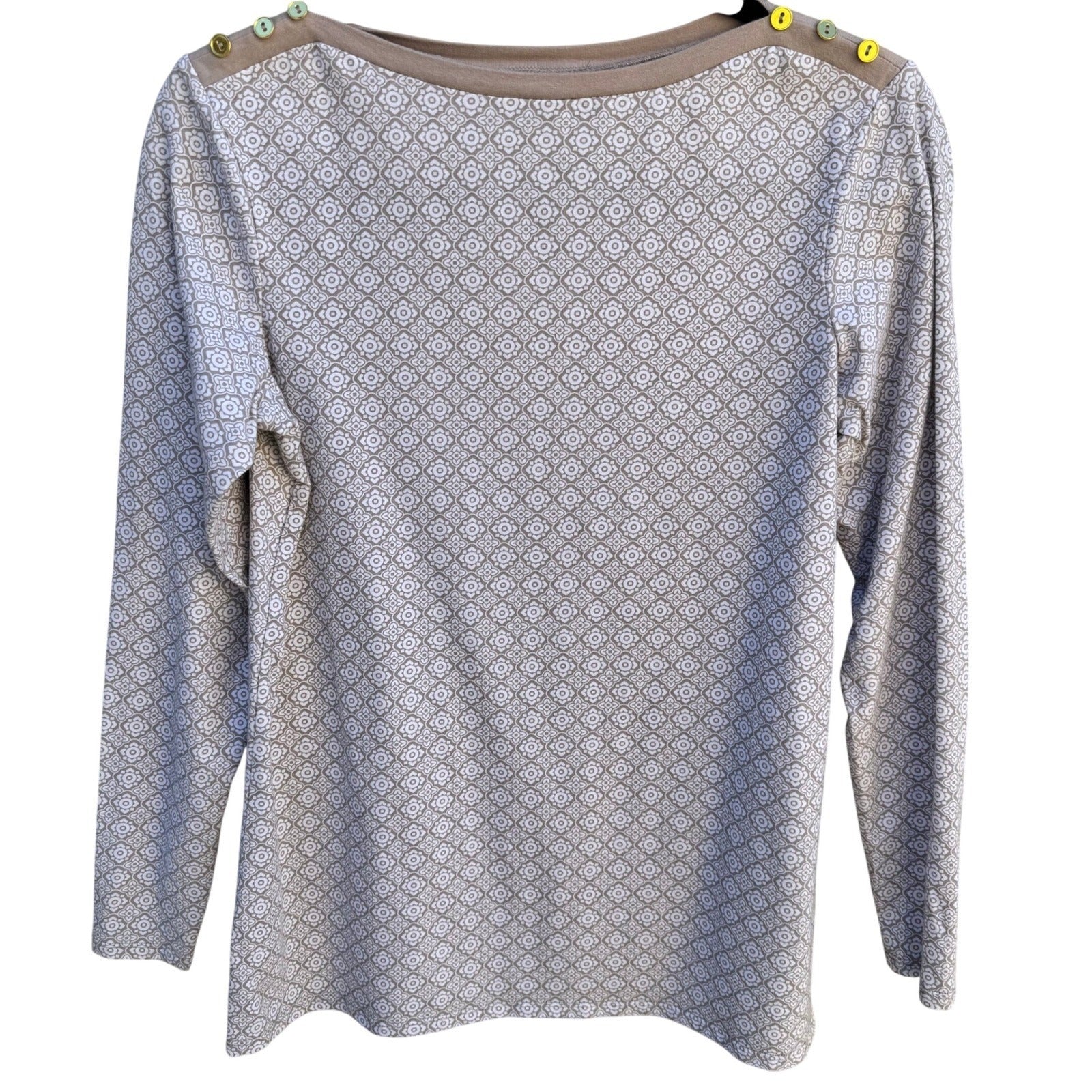 Diane Gilman DG2 Women Tan Geometric Tile Print Boat Neck Button Shoulder Top XS