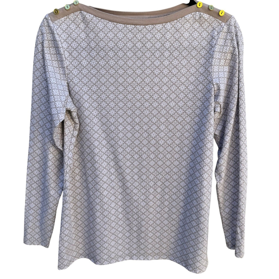 Diane Gilman DG2 Women Tan Geometric Tile Print Boat Neck Button Shoulder Top XS
