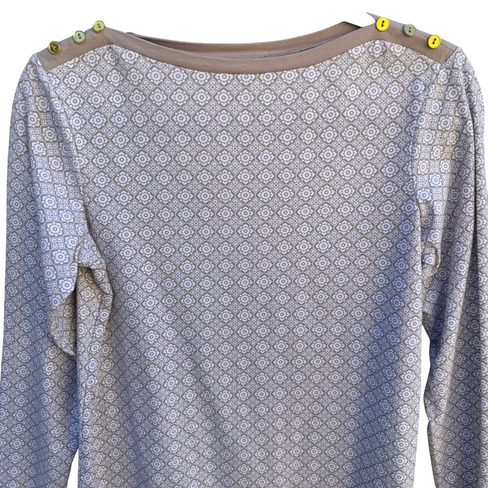 Diane Gilman DG2 Women Tan Geometric Tile Print Boat Neck Button Shoulder Top XS