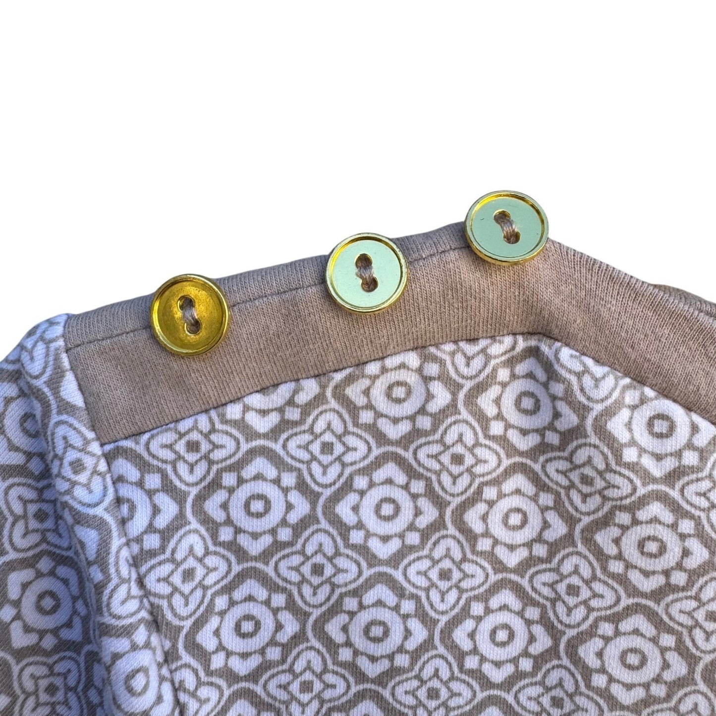 Diane Gilman DG2 Women Tan Geometric Tile Print Boat Neck Button Shoulder Top XS