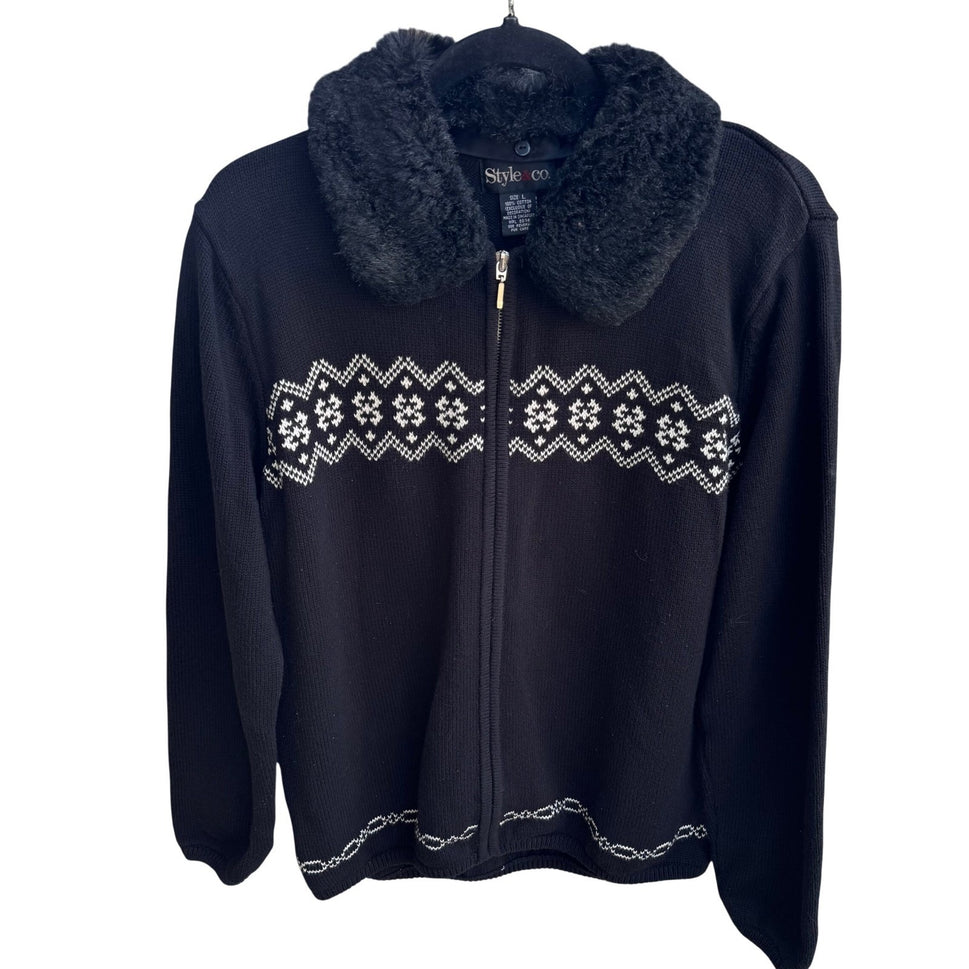 Style & Co Black Fair Isle Full Zip Cotton Sweater Faux Fur Collar Womens L