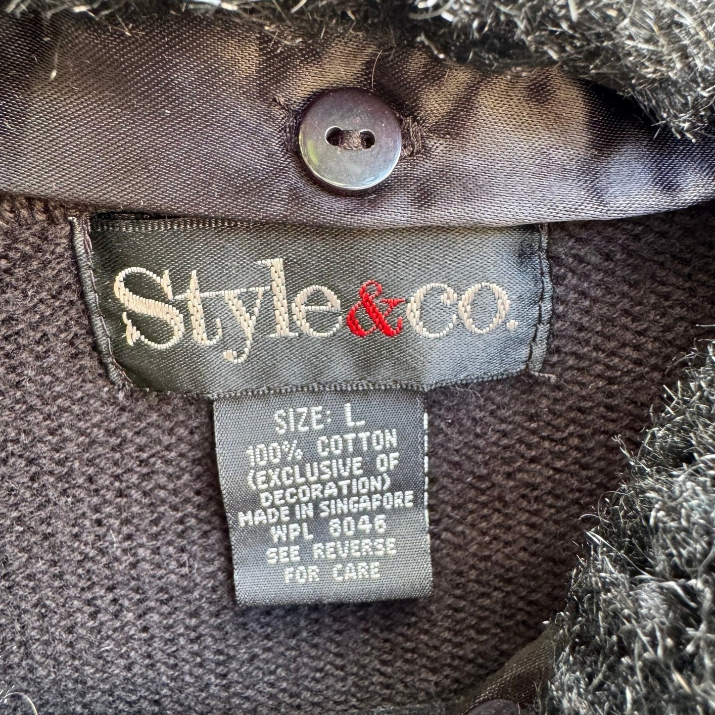 Style & Co Black Fair Isle Full Zip Cotton Sweater Faux Fur Collar Womens L