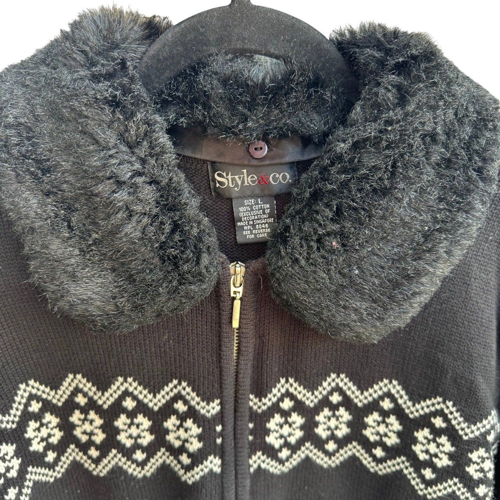 Style & Co Black Fair Isle Full Zip Cotton Sweater Faux Fur Collar Womens L