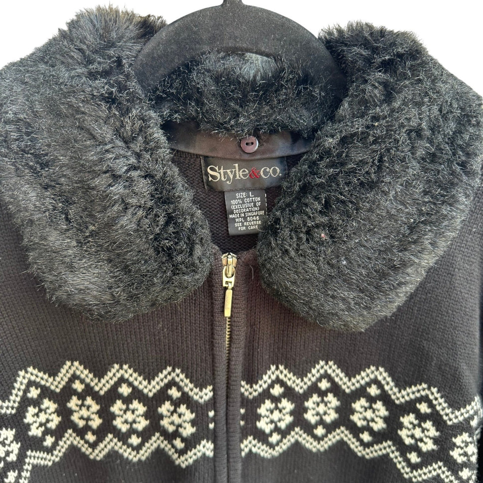 Style & Co Black Fair Isle Full Zip Cotton Sweater Faux Fur Collar Womens L