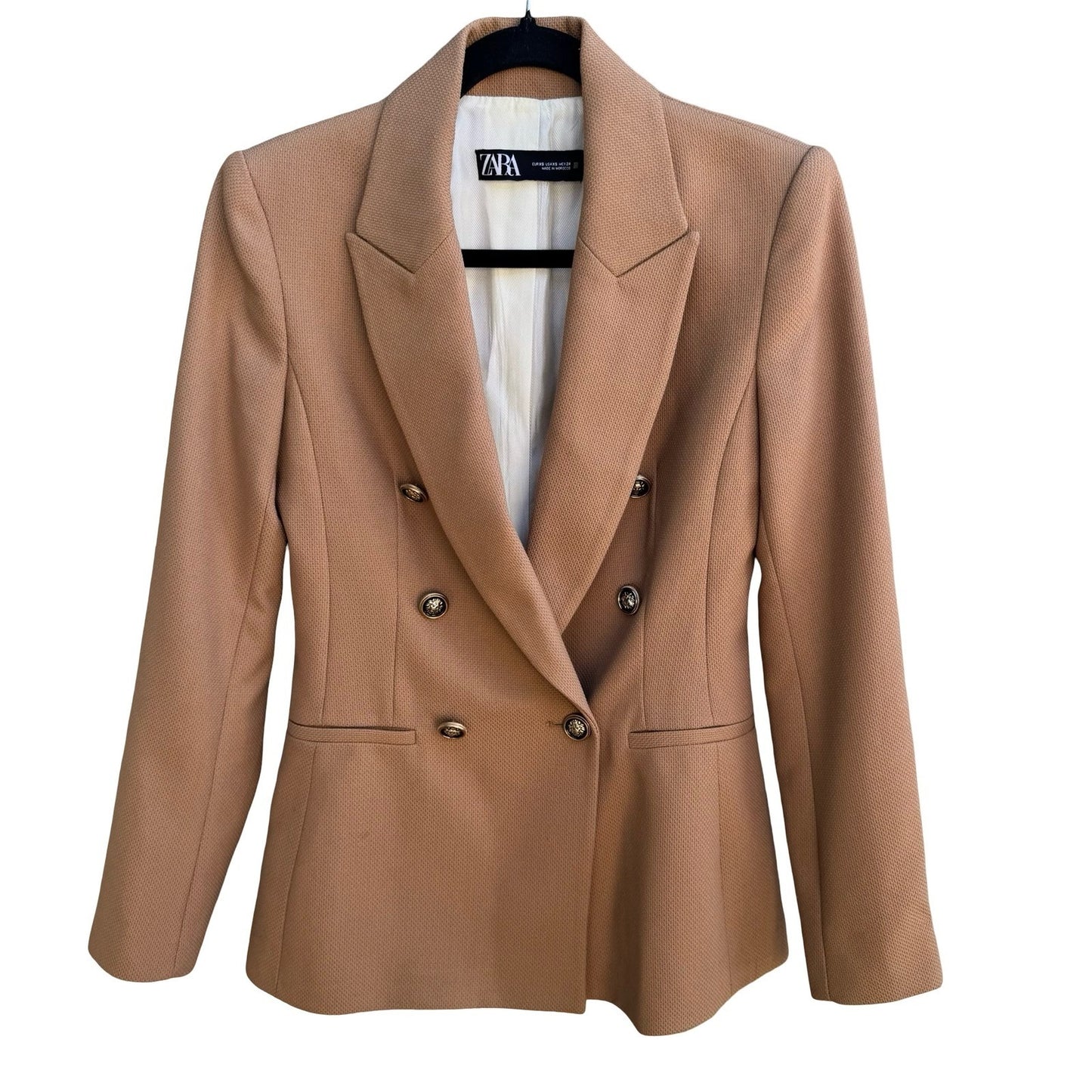 Zara Preppy Tailored Professional Double Breasted Textured Blazer Lion Buttons S