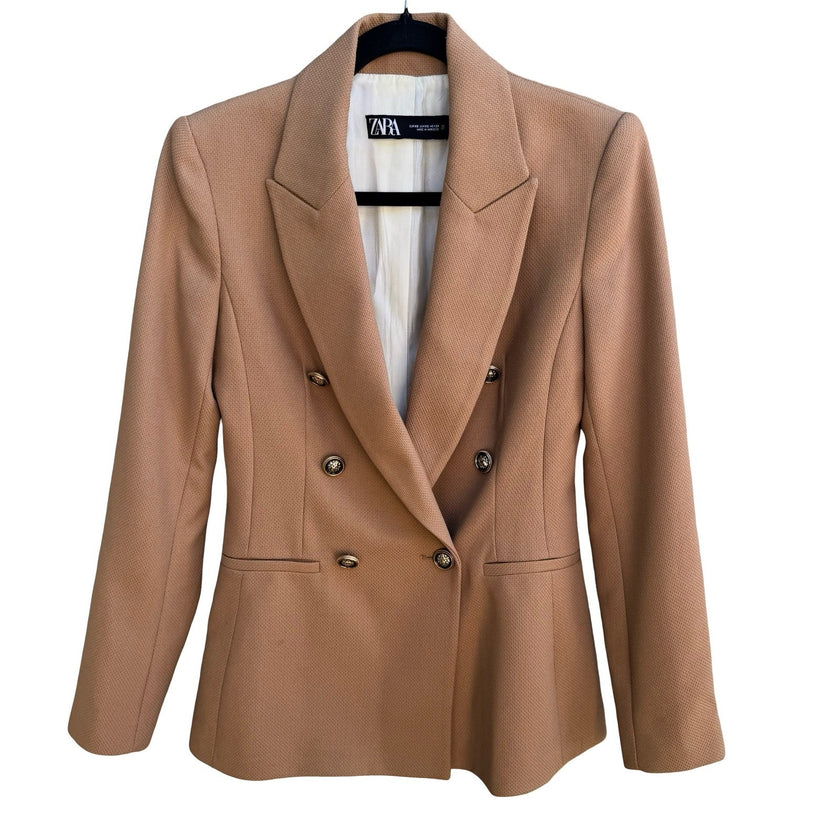 Zara Preppy Tailored Professional Double Breasted Textured Blazer Lion Buttons S