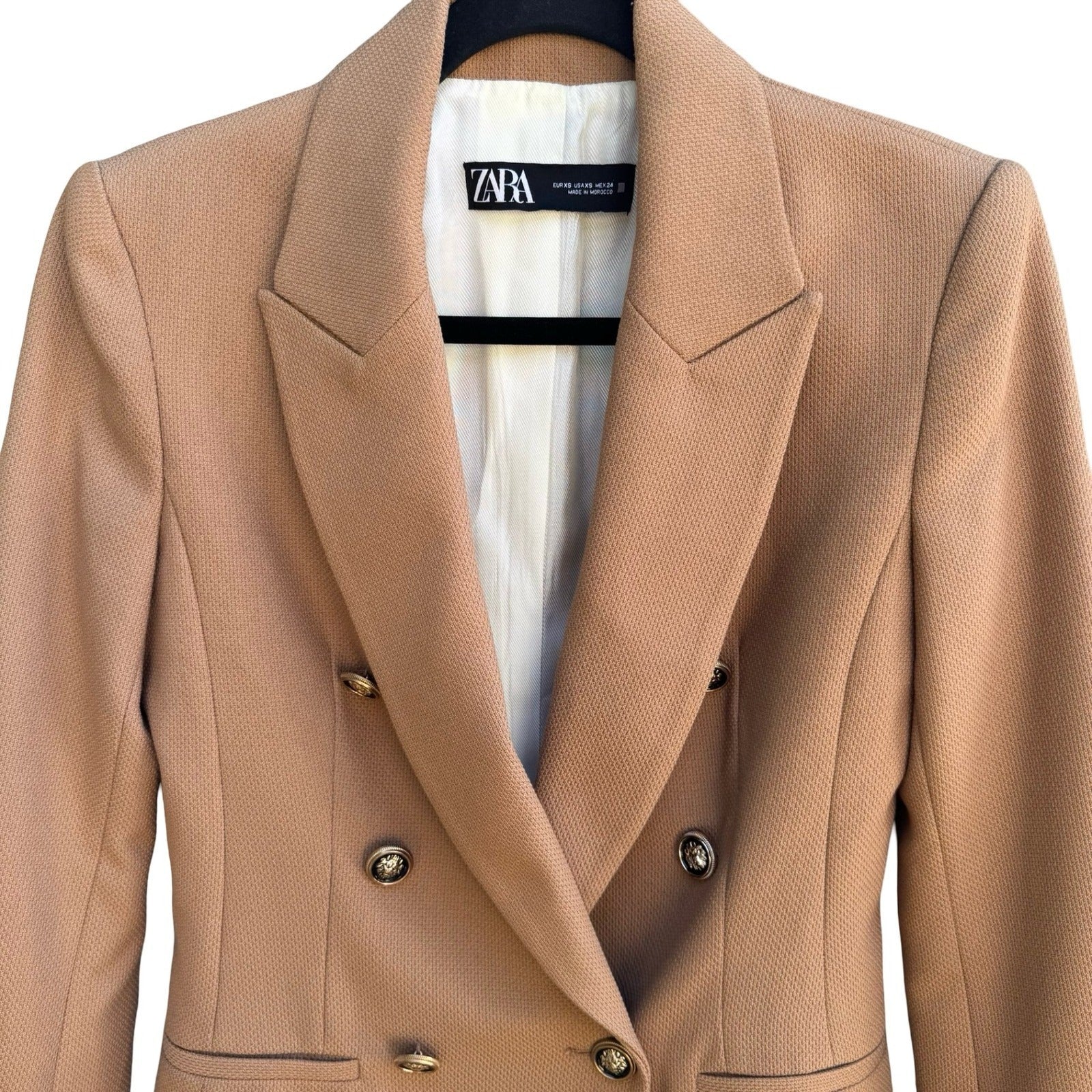 Zara Preppy Tailored Professional Double Breasted Textured Blazer Lion Buttons S