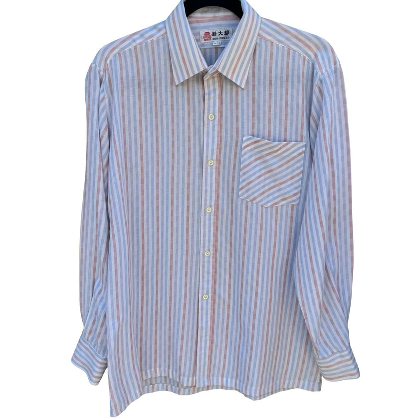 Vintage SDD Shindaedo Co Mens Striped Seersucker Button Down Shirt Blue Pink L